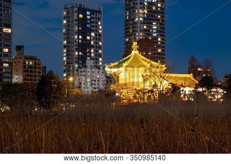 Tokyo, Japan - Jan 19, 2020: Shinobazunoike Bentendo Temple At Night Under The Light Of Lanterns.