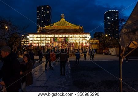 Tokyo, Japan - Jan 19, 2020: Shinobazunoike Bentendo Temple At Night Under The Light Of Lanterns.