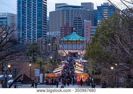 Tokyo, Japan - Jan 19, 2020: Shinobazunoike Bentendo Temple At Night Under The Light Of Lanterns.