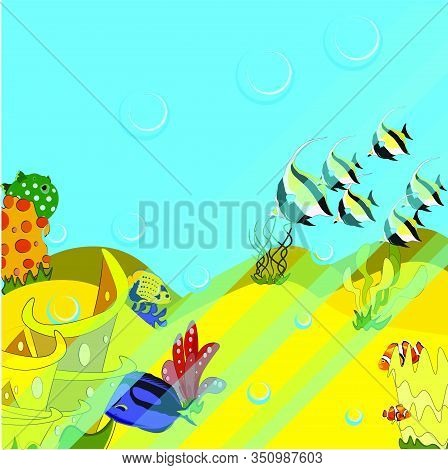 Funny Cartoon Style Seafloor With Sea Creatures