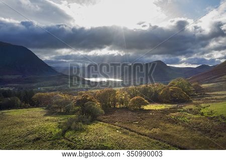 Stunning Aerial Drone Autumn Fall Landscape Image Of View From Low Fell In Lake District Looking Tow