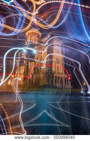 The View Of Orthodox Cathedral (catedrala) / Timisoara, Romania. Light Trails.