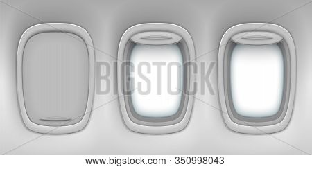 Airplane Window Potholes With Open And Closed Shutters, Vector Background. Realistic Aircraft Interi