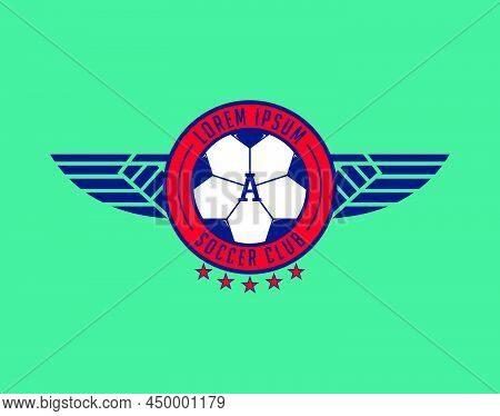 Soccer Or  Football Club. Logo Or Emblem Template In Vintage Blue Red Color And Bold Wing Supremacy