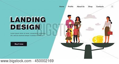 Family With Kids And Businesswoman Standing On Scales. Choice Between Maternity And Career For Woman