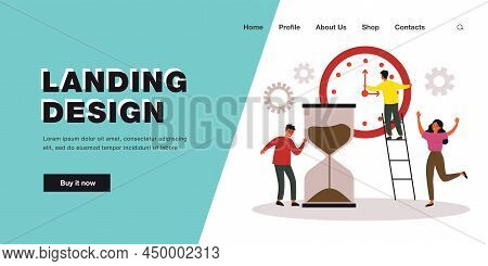 Businessman Moving Hands Of Clock, Meeting Deadline. Team Of Tiny Efficient Business People Working 