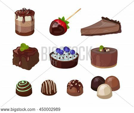 Chocolate Desserts Set. Vector Illustrations Of Sweet Food And Snacks. Cartoon Round Or Square Cakes