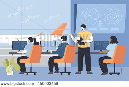 Boss And Operators In Control Tower At International Airport. People Working And Controlling Flight 