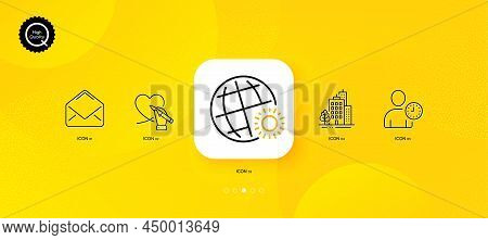 Time Management, Buildings And World Weather Minimal Line Icons. Yellow Abstract Background. Mail, S