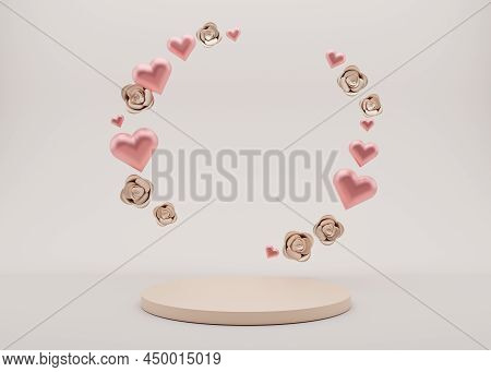 Podium With Flying Hearts And Flowers. Womens Day, Mothers Day, Wedding, Anniversary. Platform For P