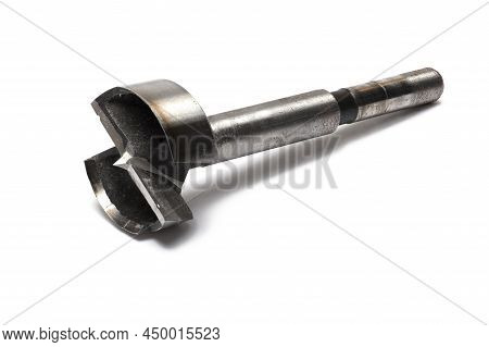 Close Up Of Sharp Metal Steel Forstner Drill Tool For Making Holes And Depressions In Wood On White 