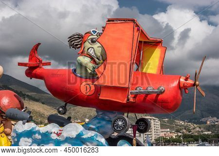 Gaeta, Lazio, Italy, February 2018: Allegorical Float During The Carnival Parade Along The Streets O