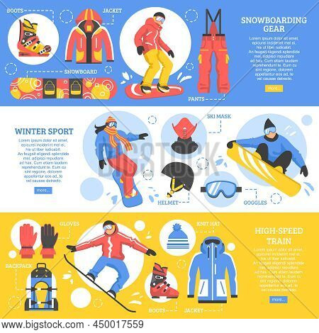 Snowboarding Horizontal Banners With Advertising Of Gear And Tools For Extreme Winter Sports Flat Ve