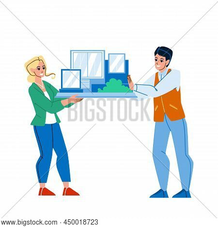 Architectural Model Presenting Architects Vector. Building Architectural Model Showing Man And Woman