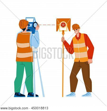 Civil Engineer With Surveying Equipment Vector. Civil Engineer Men In Uniform Working With Theodolit