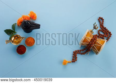 Happy Maha Shivaratri Greeting Card - Shiva Linga Decorated With Flowers, Trishula, Damru And Bilva 