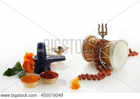 Happy Maha Shivaratri Greeting Card - Shiva Linga Decorated With Flowers, Trishula, Damru And Bilva 