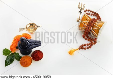 Happy Maha Shivaratri Greeting Card - Shiva Linga Decorated With Flowers, Trishula, Damru And Bilva 