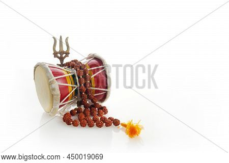 Shivaratri Background With Shivas Trident And Pellet Drum Damroo Musical Instrument . Hindu Festival