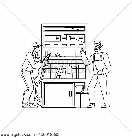 Server Management And Technician Support Black Line Pencil Drawing Vector. Server Management And Tec