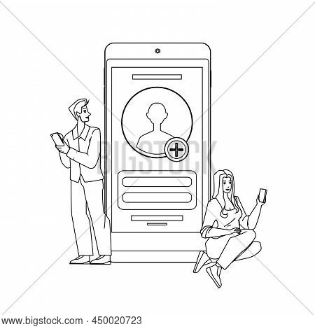 Boy And Girl Create Account In Social Media Black Line Pencil Drawing Vector. Young Man And Woman Us