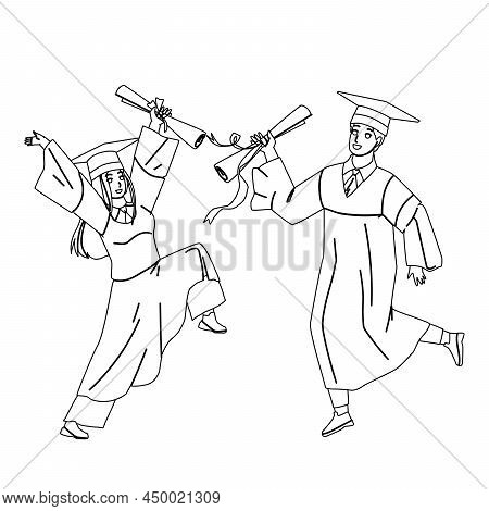 Alumnus Boy And Girl College Graduation Black Line Pencil Drawing Vector. Students Alumnus In Academ