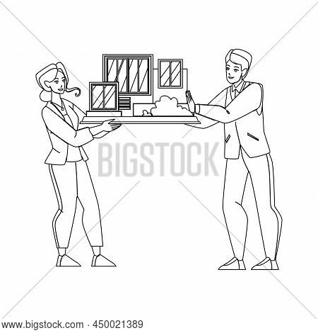 Architectural Model Presenting Architects Black Line Pencil Drawing Vector. Building Architectural M