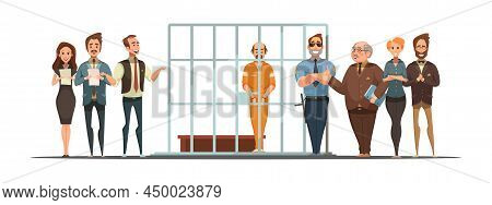 Law And Justice Retro Cartoon Poster With Sentence Announcement And Convict Behind Bars White Backgr
