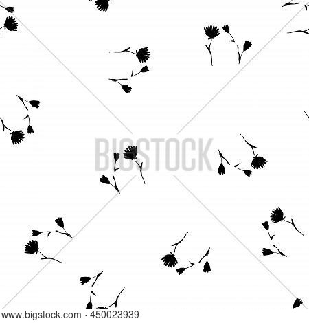 Monochrome Vector Texture. Silhouettes Blossom Floral Seamless Pattern. Hand Drawn Wild Flowers On W