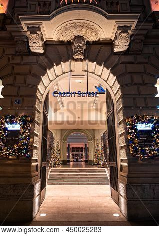 Zurich, Switzerland - December 30, 2021: A Night View At The Credit Suisse Headquarter Building At P