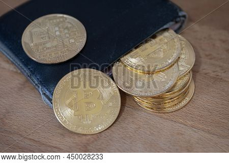 Bitcoins And Crypto Currentcy Wallet Close Up And Copy Space.