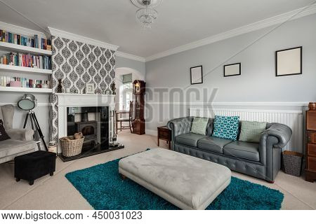 Cavendish, Suffolk - Jan 19 2019: Typical Modern Bedroom With Slatted Wooden Bed And Sidetables With