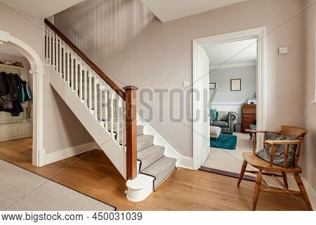 Cavendish, Suffolk - Jan 19 2019: Typical Modern Bedroom With Slatted Wooden Bed And Sidetables With