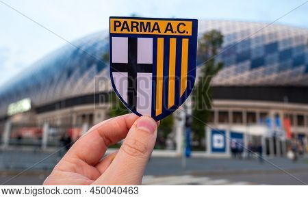 September 12, 2021, Parma. The Emblem Of The Parma Calcio Football Club Against The Background Of Th