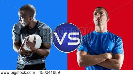 African american and caucasian young male rugby players standing against dual tone background. sport, icon, rugby ball, rivalry, contemplation, arms crossed, versus and competition concept.