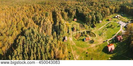 Belarus, Berezinsky Biosphere Reserve. Aerial Birds-eye View Of Guest House Nivki In Autumn Sunny Da