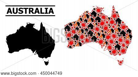 War Collage Vector Map Of Australia. Geographic Collage Map Of Australia Is Designed With Scattered 