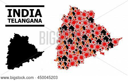 War Mosaic Vector Map Of Telangana State. Geographic Mosaic Map Of Telangana State Is Organized From