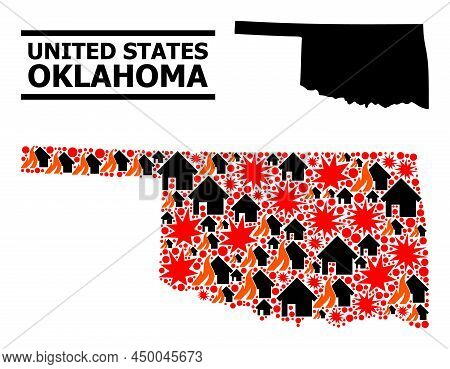 War Collage Vector Map Of Oklahoma State. Geographic Mosaic Map Of Oklahoma State Is Organized With 