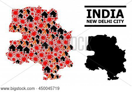 War Collage Vector Map Of New Delhi City. Geographic Mosaic Map Of New Delhi City Is Created From Ra