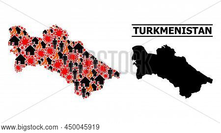 War Collage Vector Map Of Turkmenistan. Geographic Collage Map Of Turkmenistan Is Created From Rando