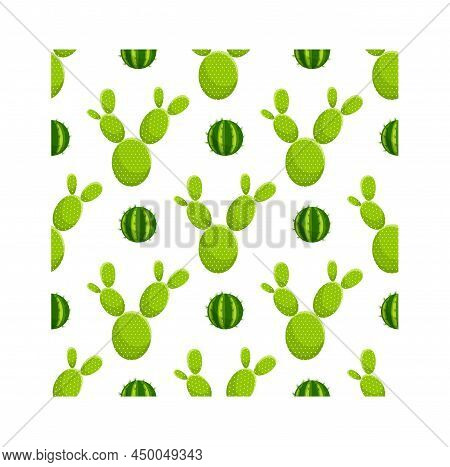 Seamless Pattern Cactus With Vector Green Cactus And Succulents. Desert-themed Seamless Pattern With
