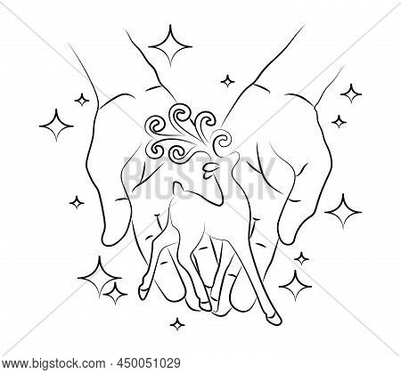 Deer With Proudly Raised Head And Beautiful Antlers In Human Palms. Merry Christmas And Happy New Ye