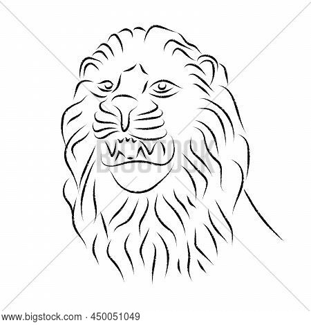 Lion Head, Statue. Vector Antique Logo. Ancient Greek Or Roman Style Elements. Contour Lion Head Wit