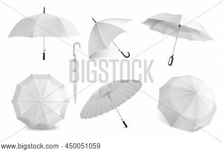 Realistic White Umbrella. Parasol Mockup For Branding. View From Different Angles On Open And Closed