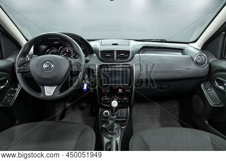 Novosibirsk, Russia -  February  10, 2022: Nissan Terrano, Close-up Of The Dashboard, Player, Steeri