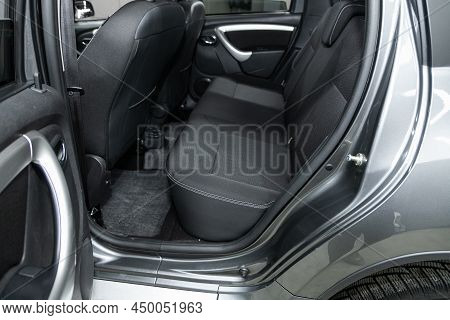 Novosibirsk, Russia -  February  10, 2022: Nissan Terrano, Clean Car Interior. Black Back Seats In S
