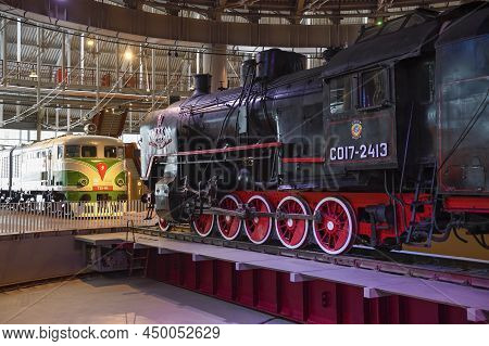 Saint Petersburg, Russia - January 12, 2022: Soviet Mainline Freight Steam Locomotive Of The So Seri