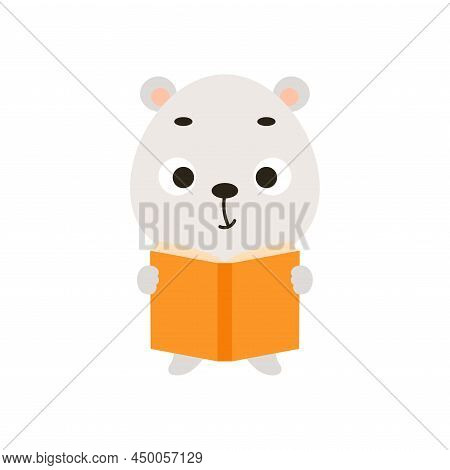 Cute Little Polar Bear Read Book On White Background. Cartoon Animal Character For Kids Cards, Baby 