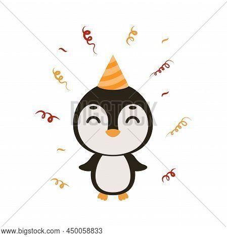 Cute Little Penguin On Birthday Hat On White Background. Cartoon Animal Character For Kids Cards, Ba